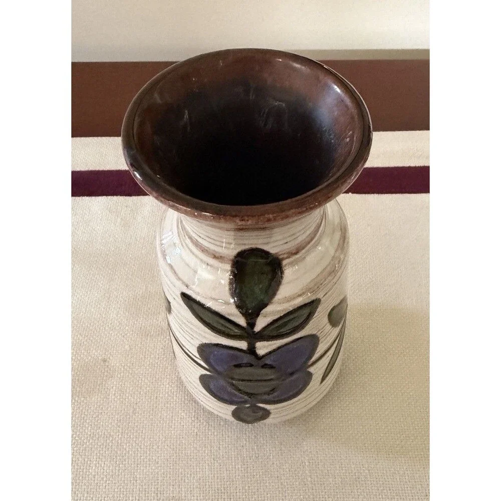 Vintage Mid Century Studio Pottery Vase Hand Painted Blue Flower Ceramic Art